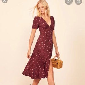 Reformation Locklin Midi Dress Full Button Up V Neck Tie in Back 0